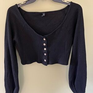 Zaful Black Ribbed Button-Up Crop Top with Buttons. Size M.
